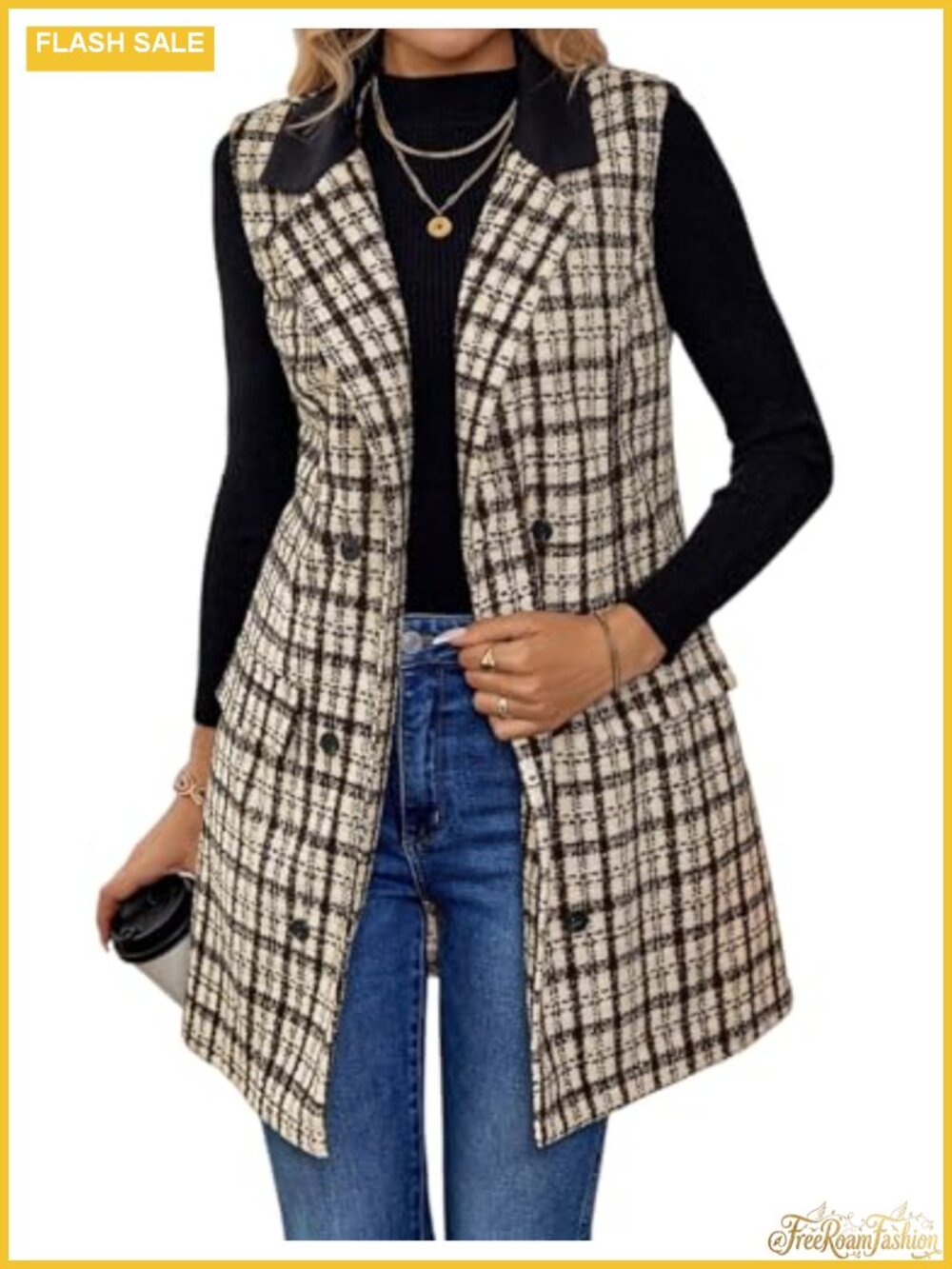 Tweed Long Vest Sleeveless Blazer Jacket Double Breasted Fall Winter